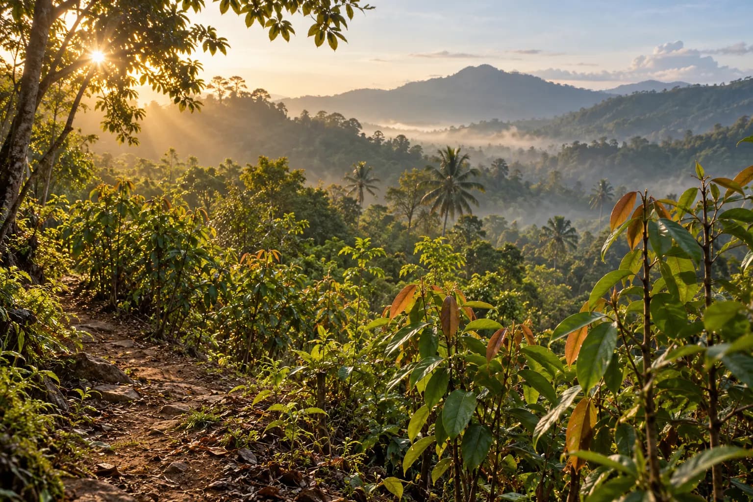 A tropical Sri Lankan spice garden in warm morning light