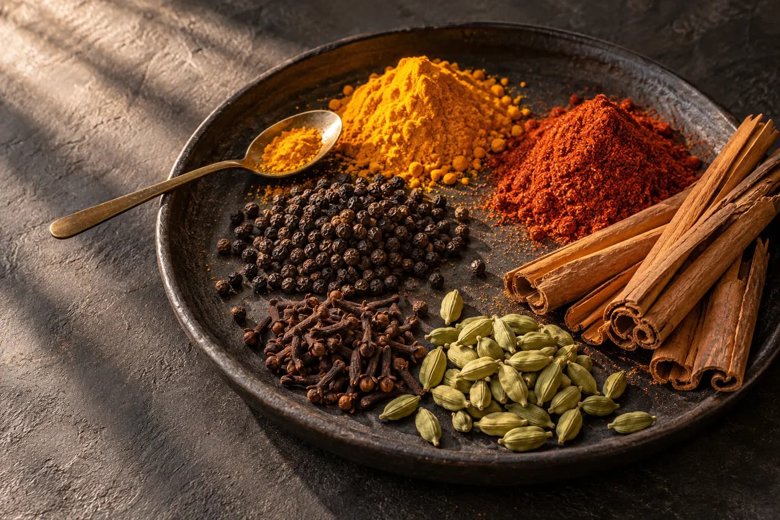 A ceramic platter of Ceylon spices on charcoal stone